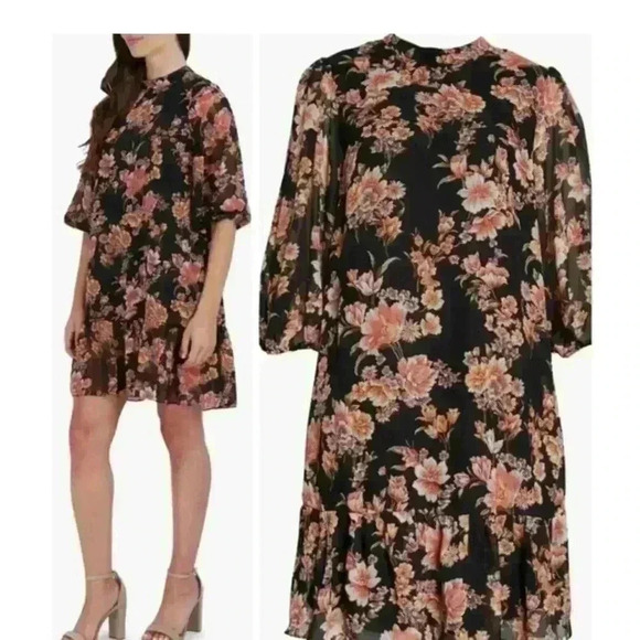 Julia Jordan Floral Print Shift Dress Puff Sheer Sleeves Ruffle Hem NWOT Size 4 - Picture 4 of 6